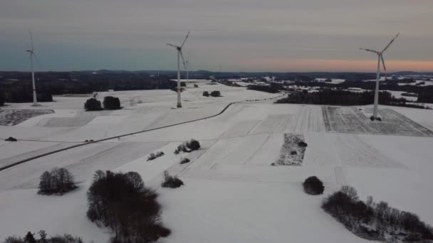 Luftaufnahme Eines Windparks Winter Luftaufnahme Rotierender Windräder Auf Einem Verschneiten — Stockvideo