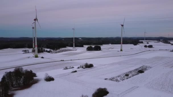 冬季风电场的空中景观 德国雪地上旋转风力涡轮机的空中视图 — 图库视频影像
