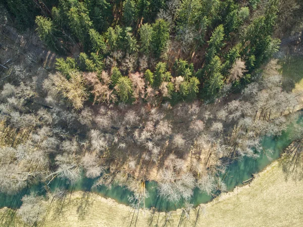 Aerial shot of a meandering river. Aerial shot of a turquoise river flowing through a conifer forest.