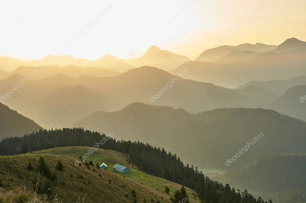 Beautiful sunrise in the bavarian alps. Scenic sunrise in the mountains.