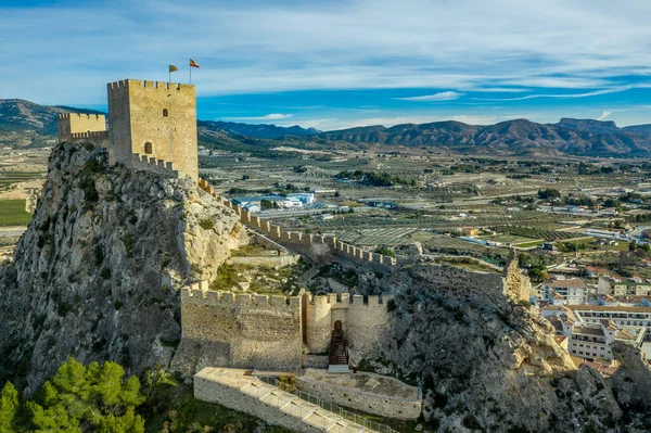 Vista Aérea Del Castillo Medieval Restaurado Sax Con Dos Torres — Foto de Stock