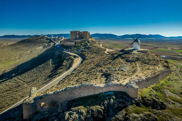 Consuegra Kastély Szélmalmok Légi Kilátás Spanyolországban — Stock Fotó