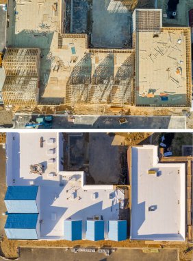 Before after comparison aerial view of a commercial roof under construction and ready clipart