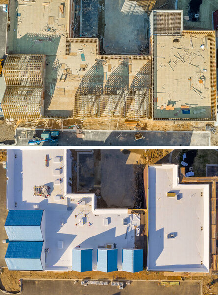 Before after comparison aerial view of a commercial roof under construction and ready