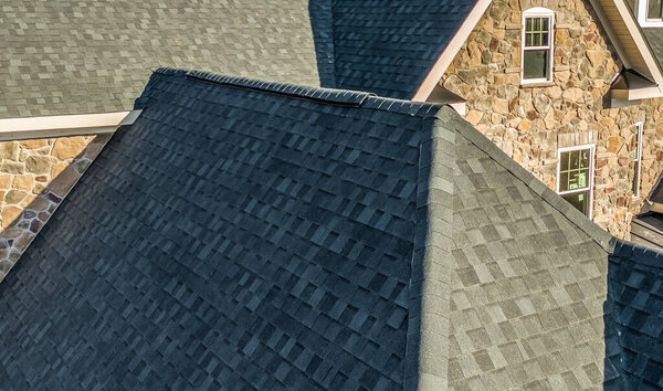 Closeup aerial view of a tradition roof for inspections