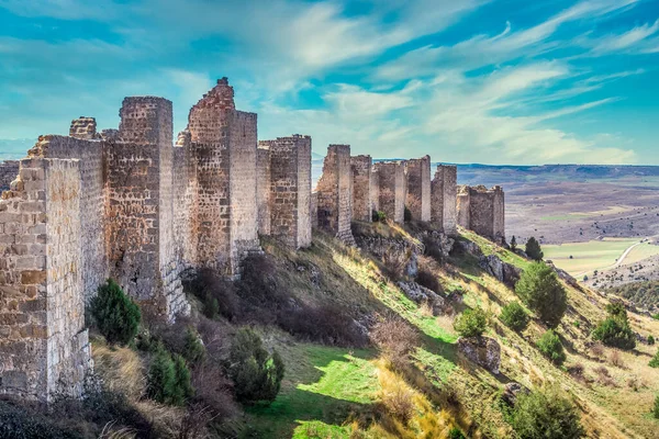 Row Square Towers Projecting Walls Casting Shadow Hill Medieval Gormaz — Stock Photo, Image