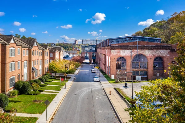 Vue Aérienne Quartier Regentrifié Woodberry Baltimore Maryland Avec Maisons Ville — Photo