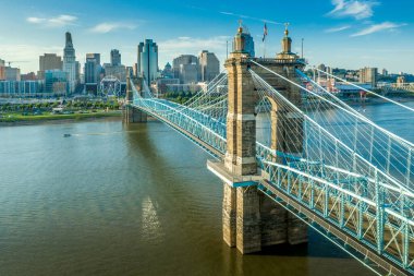 Panoramic view of Cincinnati downtown with the historic Roebling suspension bridge over the Ohio river clipart