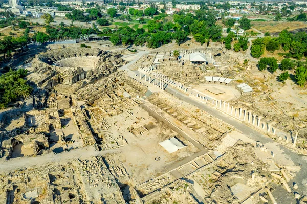 Aerial view of the Roman era ruins of Beit Shean with forum, amphitheater and buildings in Israel