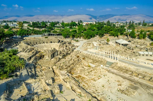 Vista Aérea Das Antigas Ruínas Anfiteatro Beit Shean Assentamento Bizantino — Fotografia de Stock