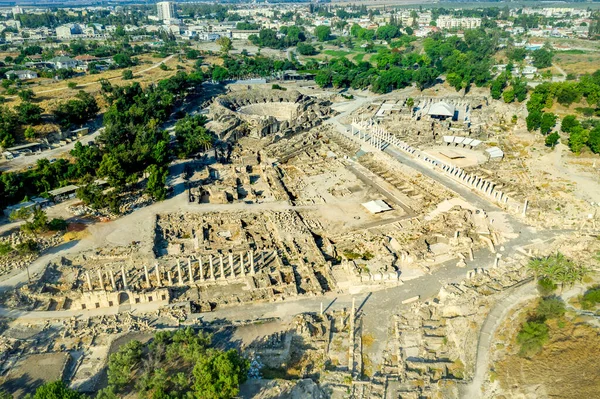 Vista Aérea Das Antigas Ruínas Anfiteatro Beit Shean Assentamento Bizantino — Fotografia de Stock