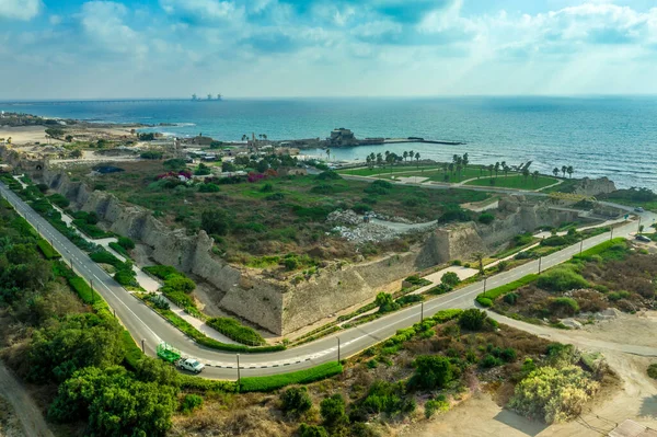 Letecký Panoramatický Pohled Zříceninu Římského Hippodromu Opevněném Městě Caesarea Maritima — Stock fotografie