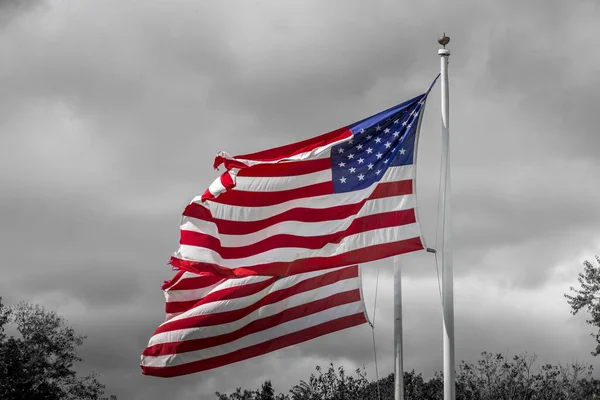 Two Waving American Flags Stormy Sky Black White Background — Stock Photo, Image