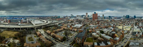 Aerial view of Baltimore skyline with skyscrapers, inner harbor, Fells Point in Maryland USA