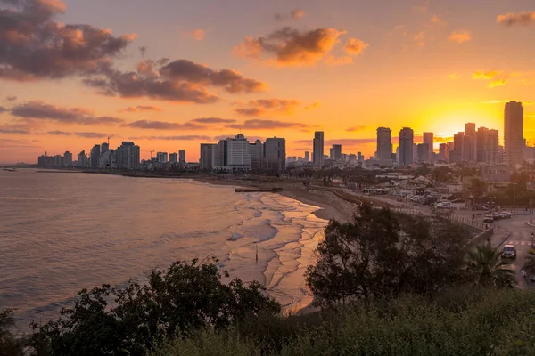 Letecký Pohled Tel Aviv Yafo Podél Středozemního Moře Úsvitu Barevnou — Stock fotografie