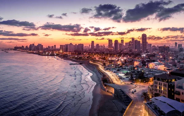 Flygfoto Över Tel Aviv Yafo Längs Medelhavet Gryningen Med Färgglad — Stockfoto