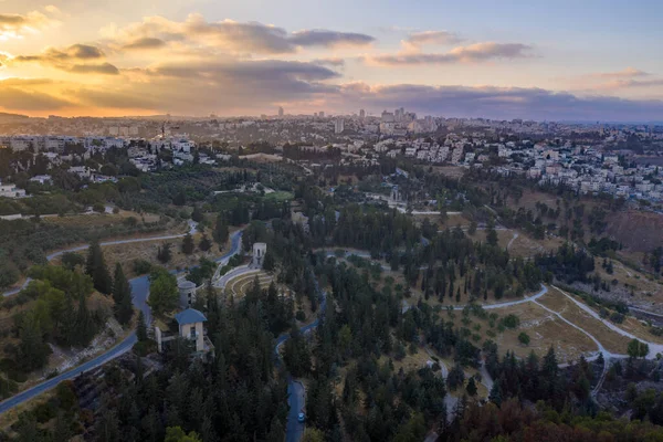 Luftaufnahme Des Sonnenuntergangs Von Jerusalem Mit Der Altstadt Und Den — Stockfoto