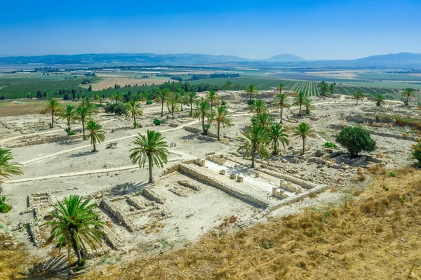 Panorama Aéreo Antiga Cidade Tel Megiddo Parque Arqueológico Local Armagedom — Fotografia de Stock