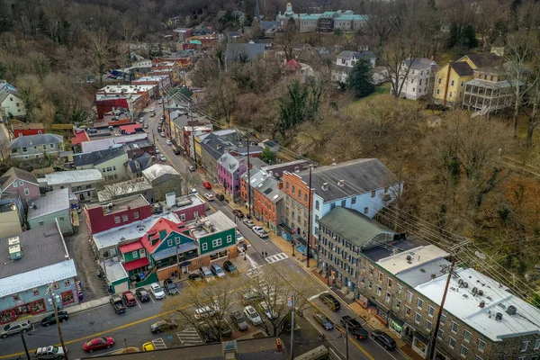 Solnedgång Antenn Panorama Över Historiska Gamla Ellicott City Maryland Usa — Stockfoto