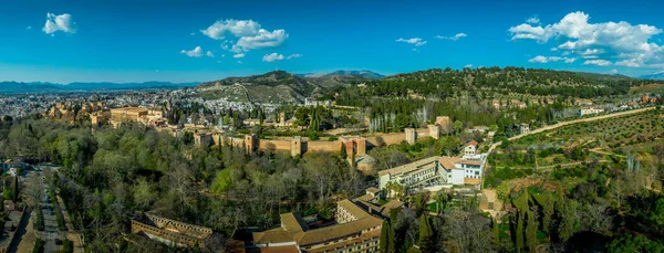 Granada Alhambra Középkori Palota Kastély Naplementekor Légi Kilátás — Stock Fotó