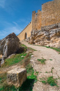 İspanya 'nın Soria şehrinde, Duero nehrinin üzerindeki Gormaz kalesinin hava manzarası. Mağriplilerin inşa ettiği kare kuleleri olan dünyanın en uzun şatolarından biri.