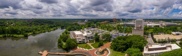 Aerial sunset panorama of Columbia Town Center in Maryland new Washington DC with office buildings and the Columbia Mall