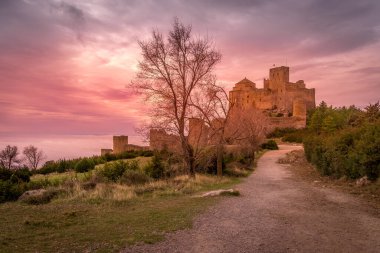 İspanya 'nın Aragon bölgesindeki Huesca yakınlarında, yüksek bir kayanın tepesinde yuvarlak kuleleri, donjon ile kısmen restore edilmiş Romen Loarre kalesinin kış manzarası