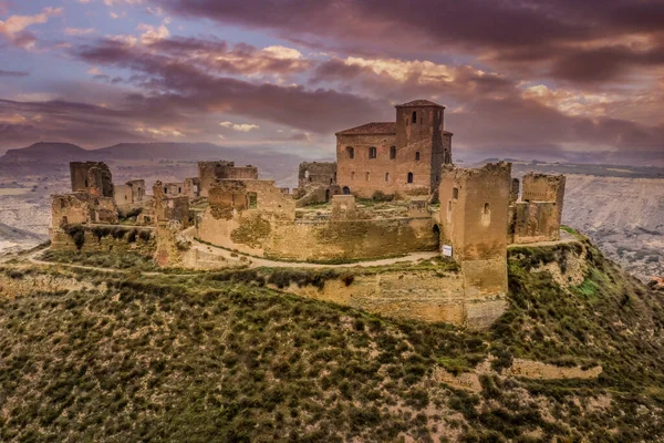 Letecký Pohled Zničený Středověký Opuštěný Hrad Montearagon Jmenovec Slavného Království — Stock fotografie