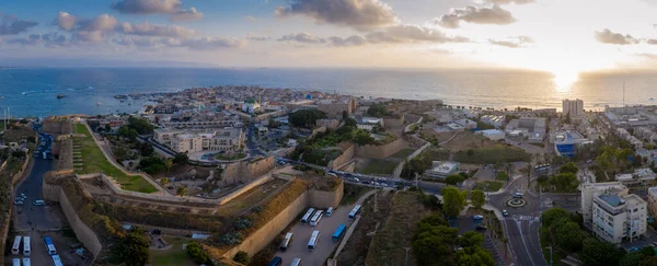 Flygfoto Sommar Solnedgång Syn Acco Acre Akko Medeltida Gammal Stad — Stockfoto