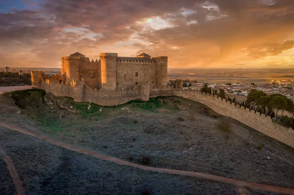 Vista Panorâmica Aérea Castelo Belmonte Província Cuenca Espanha Com Longas — Fotografia de Stock