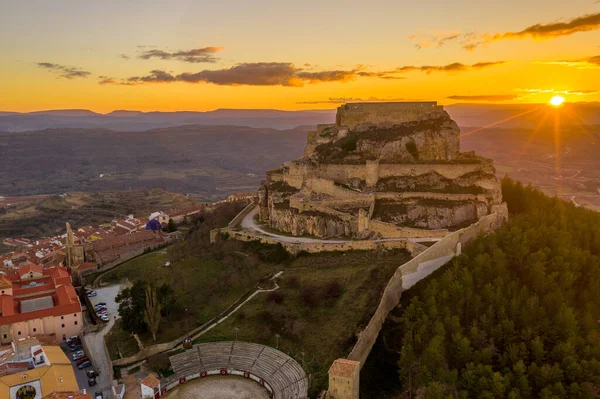 Vue Aérienne Coucher Soleil Morella Ville Médiévale Fortifiée Avec Des — Photo