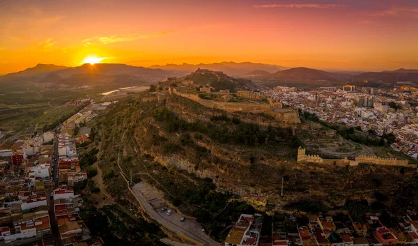 Vista Panorámica Del Atardecer Aéreo Fortaleza Sagunto Sagunt Cerca Valencia —  Fotos de Stock