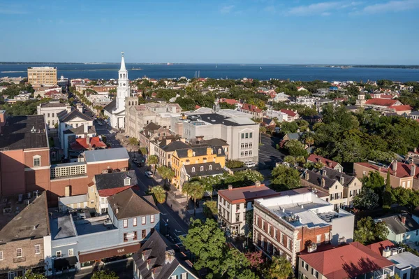 Flygfoto Över Breda Gatan Charleston South Carolina Hamn Stad Kullersten — Stockfoto