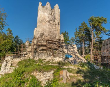 Slovakya 'daki Blatnica' daki terk edilmiş tepelik gotik şatonun hava manzarası şu anda yenilenmekte olan güzel yeşil tarlalar ve ormanlarla çevrili.