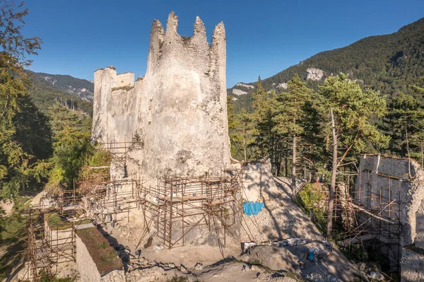 Aerial View Abandoned Hilltop Gothic Castle Ruin Blatnica Slovakia Surrounded — Stock Photo, Image