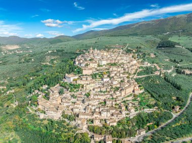 Aerial view Trevi, Umbria: Sant 'Emiliano Kilisesi ve Palazzo Comunale' nin yer aldığı Olive Groves ile Ortaçağ Hilltop kasabası