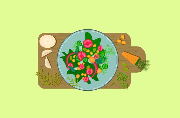 Ilustración Alimentos Vectoriales Ensalada Con Verduras Tomates Pepino Zanahorias Pimienta — Vector de stock