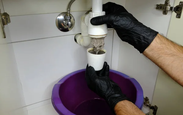 Clean White Siphon Sink Plumber Hands Visible Black Gloves Stock Image