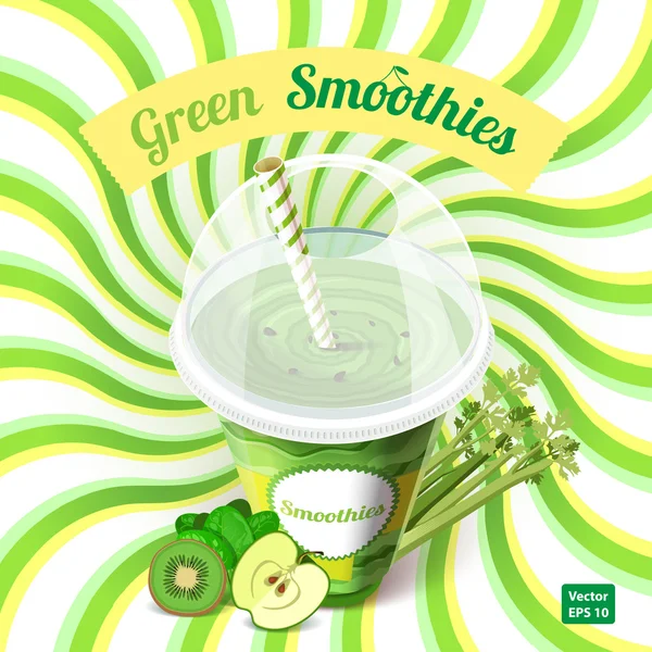 Het concept van groene smoothie met apple, kiwi, spinazie en cele — Stockvector
