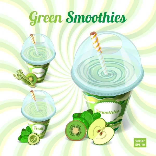 Üç yeşil smoothies stra içme ile plastik kap içinde bir dizi