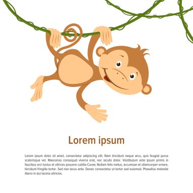 Flat funny brown monkey on liana on a white background. Vector. clipart