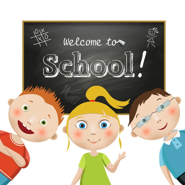 Vector. Composition with students on a school blackboard background with a freehand drawning text, Welcome to School on a white background. School. Stock Illustration