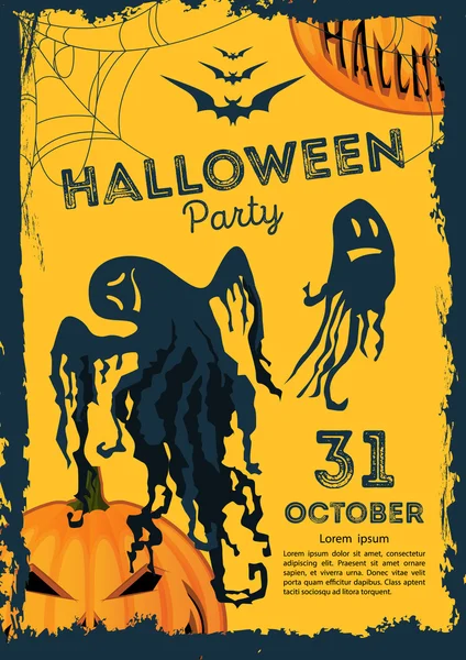 Vector. Halloween poster on a yellow background with ghosts and — Stock Vector