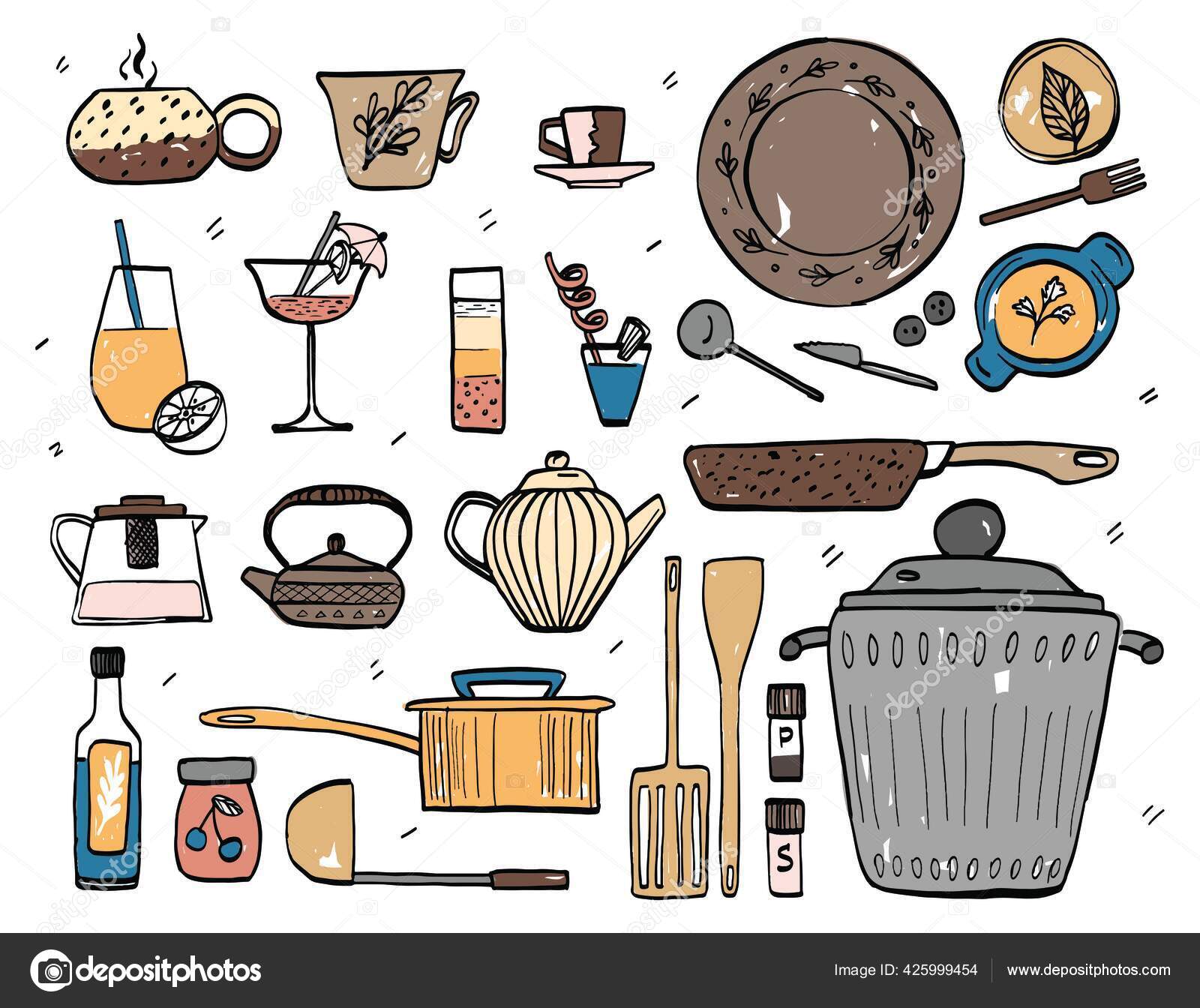 monochrome sketch of kitchen cabinets with utensils Stock Vector Image &  Art - Alamy