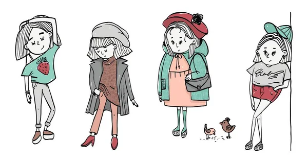 Set Mode Cartoon Mädchen Herbst Und Sommer Kleidung Vektor Illustration — Stockvektor