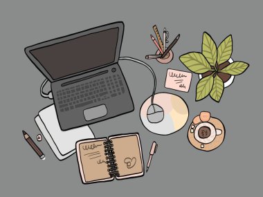 bir iş yeri, masaüstü, bilgisayar, not defteri, çiçek, çay ve kalem içeren karikatür vektör çizimi