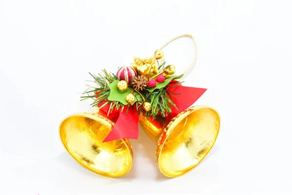 Juguetes Árbol Navidad Amarillo Campanas Oro Con Decoraciones Rama Árbol — Foto de Stock