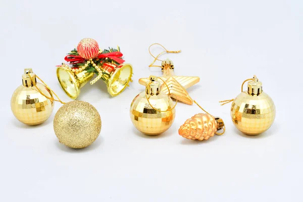 Giocattoli Albero Natale Set Ornamenti Oro Palla Stella Campane Sfondo — Foto Stock