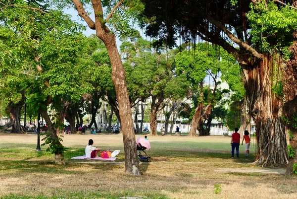 Madre se sienta en la hierba con carro de bebé pacíficamente en un parque de la ciudad. Kaohsiung Taiwán — Foto de Stock