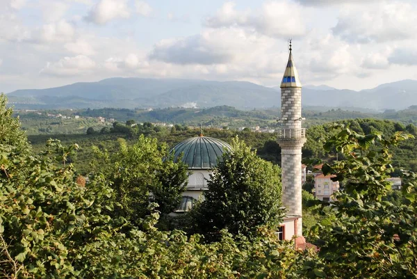 Панорама сусідньої мечеті з одним мінаретом у лісах з гірським тлом. Аккакока Туреччина — стокове фото